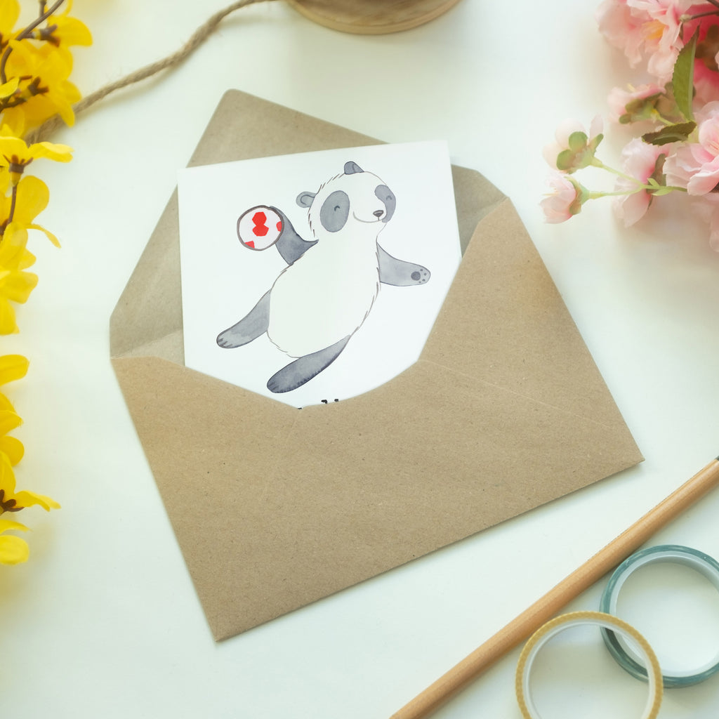 Grußkarte Panda Handball spielen Medizin Klappkarte, Einladungskarte, Glückwunschkarte, Hochzeitskarte, Geburtstagskarte, Karte, Geschenk, Sport, Sportart, Hobby, Schenken, Danke, Dankeschön, Auszeichnung, Gewinn, Sportler, Handball spielen, Handball Turnier, Handball Club, Handball Verein