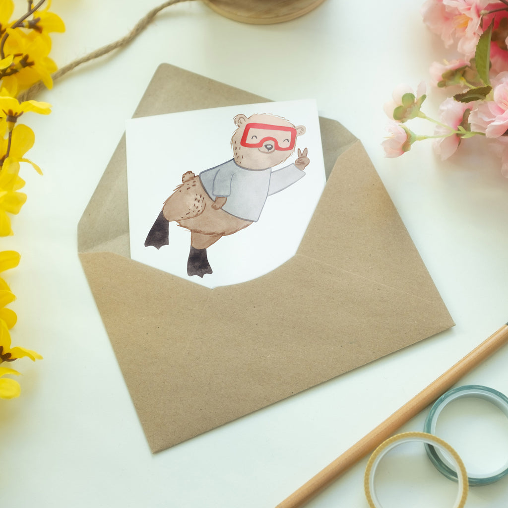 Grußkarte Bär Tauchen Medizin Klappkarte, Einladungskarte, Glückwunschkarte, Hochzeitskarte, Geburtstagskarte, Karte, Geschenk, Sport, Sportart, Hobby, Schenken, Danke, Dankeschön, Auszeichnung, Gewinn, Sportler, Tauchen, schnorcheln, Tauchgang, Tauchschule, Diving, Dive, Unterwasserabenteuer, Tauchsport, Tiefseetauchen, Tauchausflug, Tauchsafari