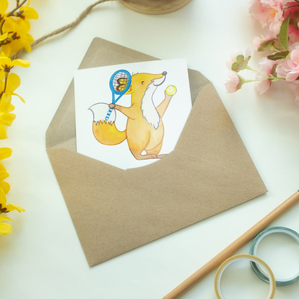 Grußkarte Fuchs Tennis spielen Tage Klappkarte, Einladungskarte, Glückwunschkarte, Hochzeitskarte, Geburtstagskarte, Karte, Geschenk, Sport, Sportart, Hobby, Schenken, Danke, Dankeschön, Auszeichnung, Gewinn, Sportler, Tennis spielen, Tennisclub, Tennisverein, Tennis Turnier, Ballsportart