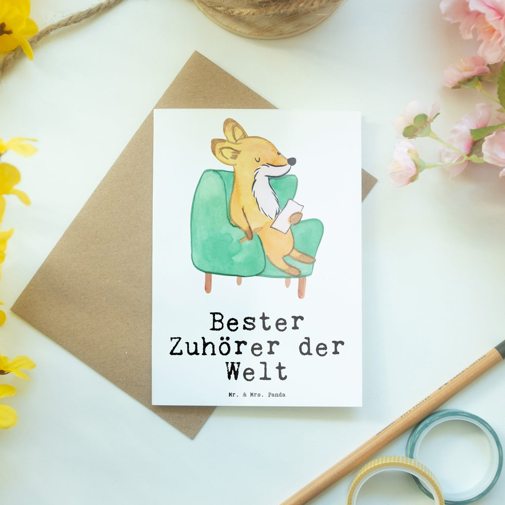 Grußkarte Fuchs Bester Zuhörer der Welt Klappkarte, Einladungskarte, Glückwunschkarte, Hochzeitskarte, Geburtstagskarte, Karte, für, Dankeschön, Geschenk, Schenken, Geburtstag, Geburtstagsgeschenk, Geschenkidee, Danke, Bedanken, Mitbringsel, Freude machen, Geschenktipp, Zuhörer, Freund, Freundin, offenes Ohr, Hilfsbereit, Hilfe