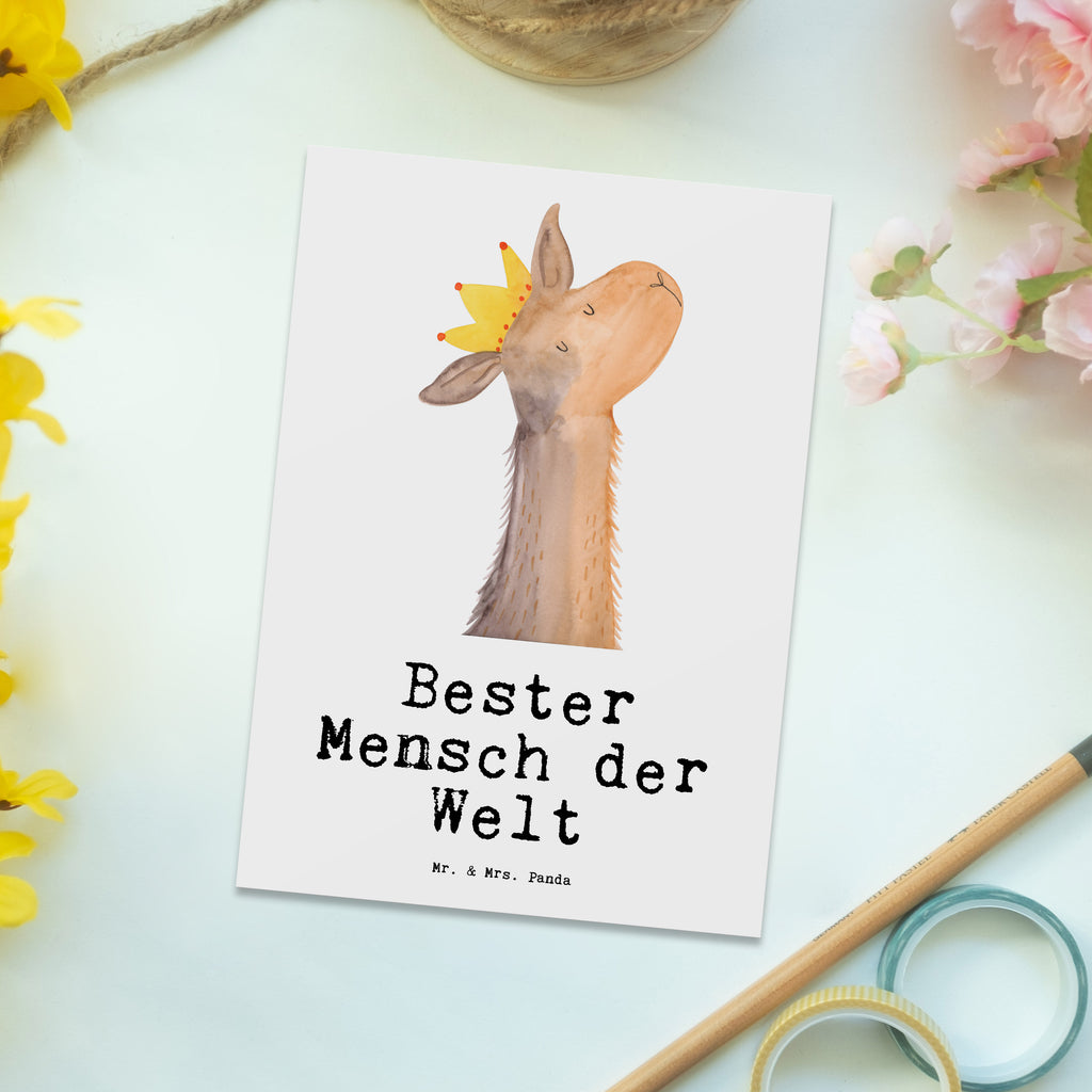 Postkarte Lama Bester Mensch der Welt Geschenkkarte, Grußkarte, Karte, Einladung, Ansichtskarte, Geburtstagskarte, Einladungskarte, für, Dankeschön, Geschenk, Schenken, Geburtstag, Geburtstagsgeschenk, Geschenkidee, Danke, Bedanken, Mitbringsel, Freude machen, Geschenktipp, Lieblingsmensch, Liebling, Lieblings Mensch, tollster Mensch, Vorbild, Partner, Ehemann, Ehefrau, Liebe, Valentinstag