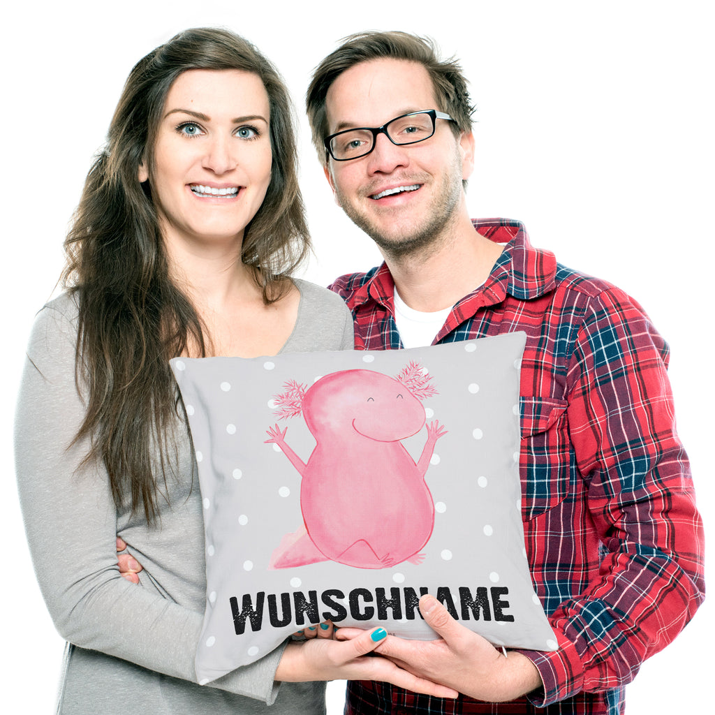 Personalisiertes Kissen Axolotl Hurra Kissen, personalisiert, Name, Wunschname, bedrucken, Kopfkissen, Axolotl, Molch, Axolot, Schwanzlurch, Lurch, Lurche, fröhlich, Spaß, Freude, Motivation, Zufriedenheit