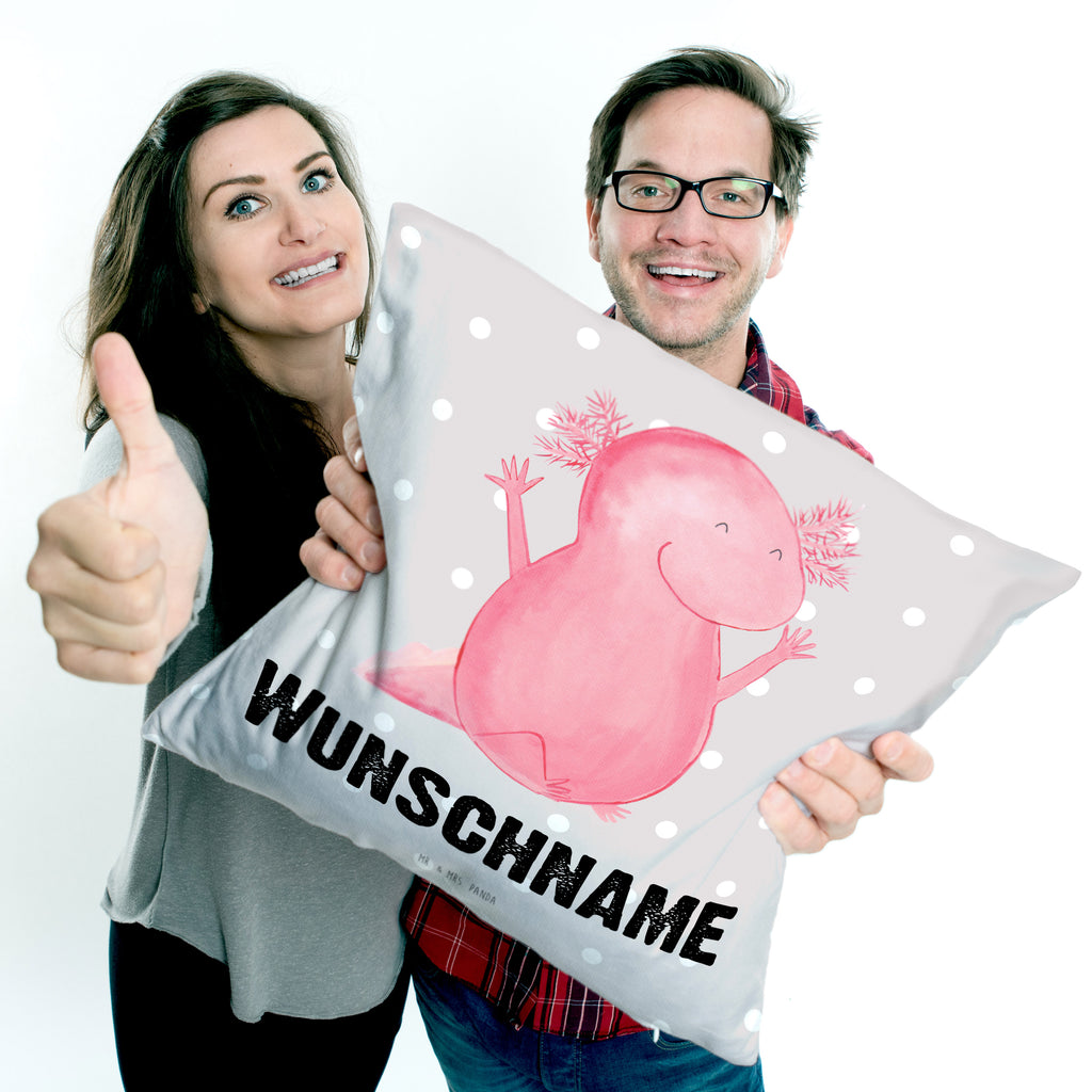 Personalisiertes Kissen Axolotl Hurra Kissen, personalisiert, Name, Wunschname, bedrucken, Kopfkissen, Axolotl, Molch, Axolot, Schwanzlurch, Lurch, Lurche, fröhlich, Spaß, Freude, Motivation, Zufriedenheit