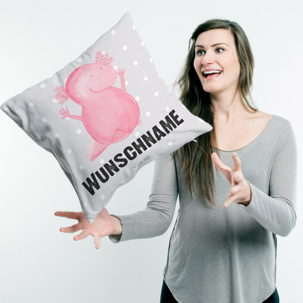 Personalisiertes Kissen Axolotl Hurra Kissen, personalisiert, Name, Wunschname, bedrucken, Kopfkissen, Axolotl, Molch, Axolot, Schwanzlurch, Lurch, Lurche, fröhlich, Spaß, Freude, Motivation, Zufriedenheit