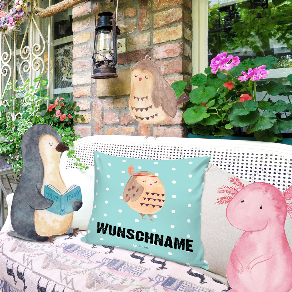 Personalisiertes Kissen Eule Federschmuck Kissen, personalisiert, Name, Wunschname, bedrucken, Kopfkissen, Eule, Eule Deko, Owl, Das Leben ist ein Abenteuer, Reisespruch, Federschmuck, Dekoration