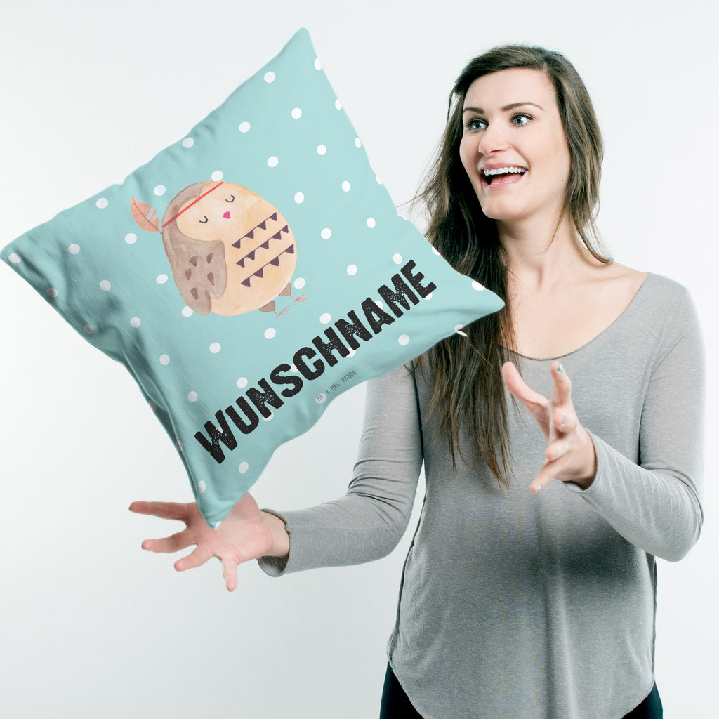 Personalisiertes Kissen Eule Federschmuck Kissen, personalisiert, Name, Wunschname, bedrucken, Kopfkissen, Eule, Eule Deko, Owl, Das Leben ist ein Abenteuer, Reisespruch, Federschmuck, Dekoration