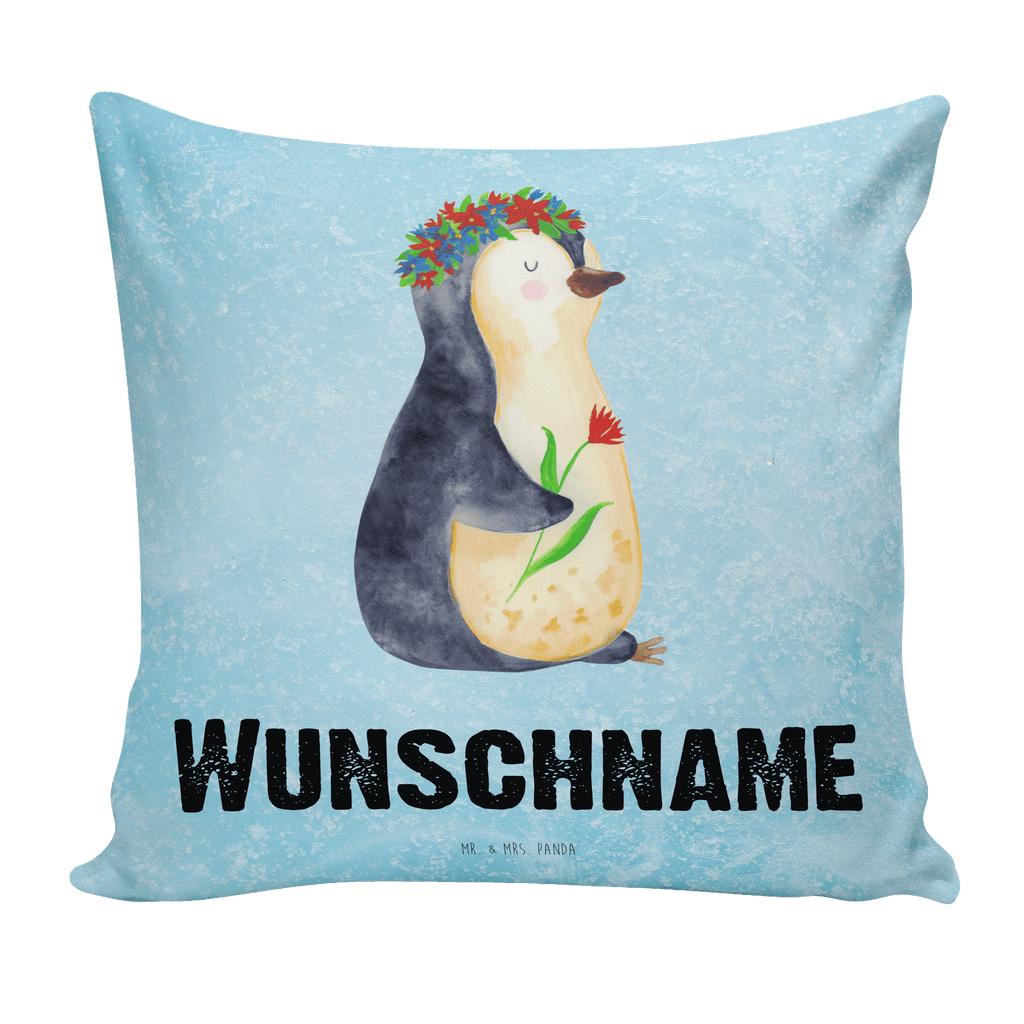 Personalisiertes Kissen Pinguin Blumenkranz Kissen, personalisiert, Name, Wunschname, bedrucken, Kopfkissen, Pinguin, Pinguine, Blumenkranz, Universum, Leben, Wünsche, Ziele, Lebensziele, Motivation, Lebenslust, Liebeskummer, Geschenkidee