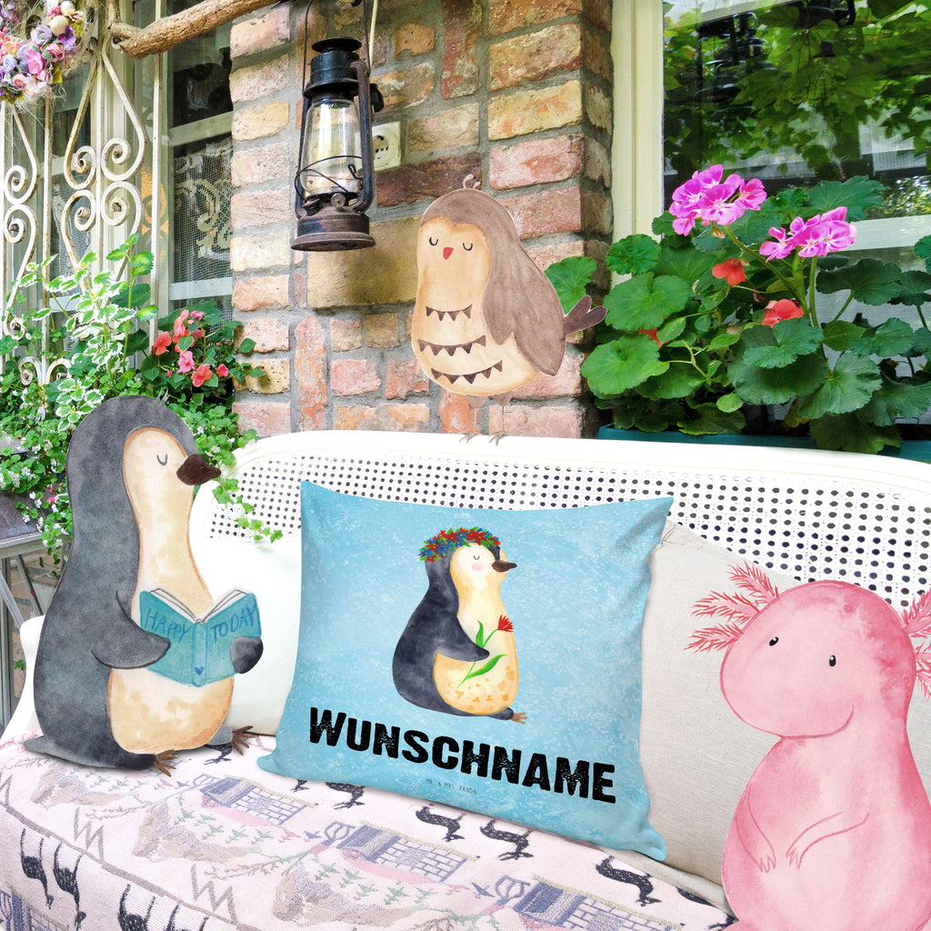 Personalisiertes Kissen Pinguin Blumenkranz Kissen, personalisiert, Name, Wunschname, bedrucken, Kopfkissen, Pinguin, Pinguine, Blumenkranz, Universum, Leben, Wünsche, Ziele, Lebensziele, Motivation, Lebenslust, Liebeskummer, Geschenkidee