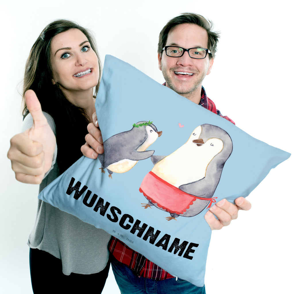 Personalisiertes Kissen Pinguin mit Kind Kissen, personalisiert, Name, Wunschname, bedrucken, Kopfkissen, Familie, Vatertag, Muttertag, Bruder, Schwester, Mama, Papa, Oma, Opa, Geschenk, Mami, Mutti, Mutter, Geburststag