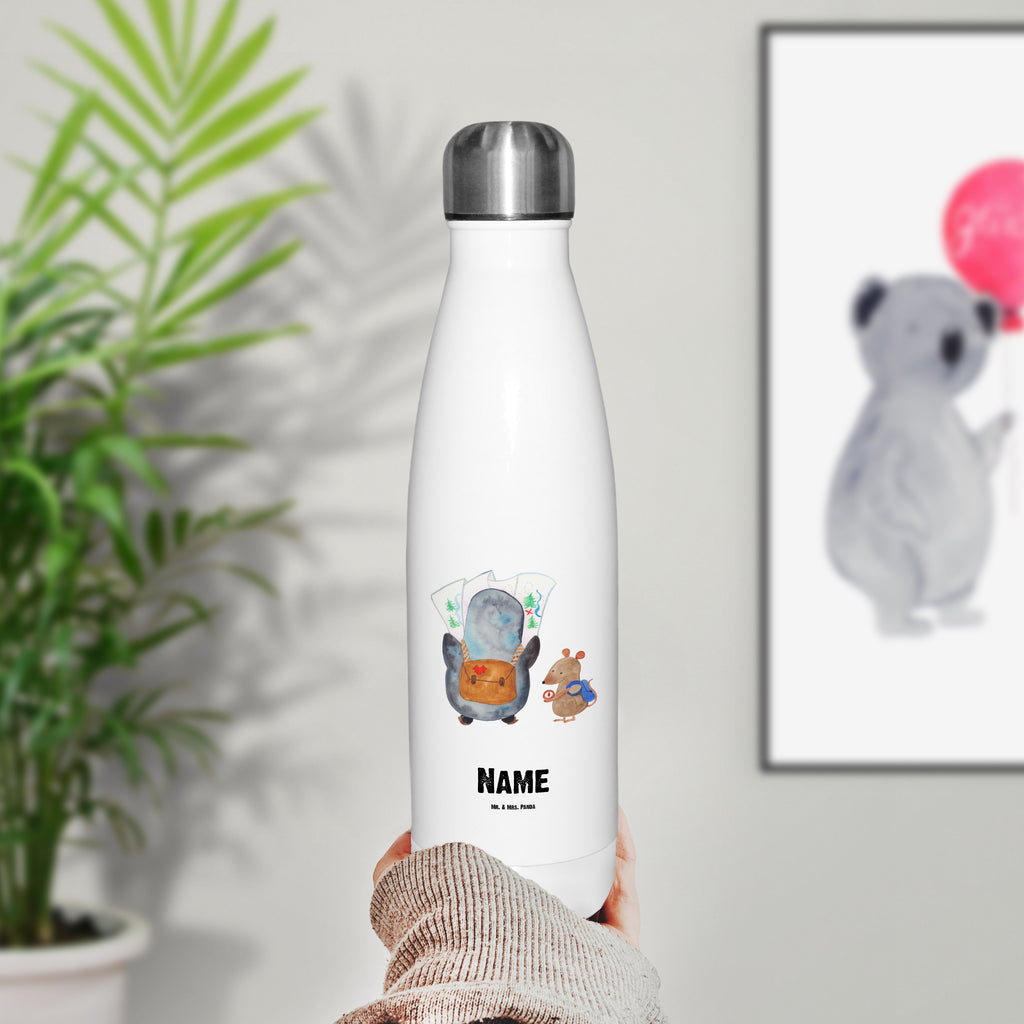 Personalisierte Thermosflasche Pinguin & Maus Wanderer Personalisierte Isolierflasche, Personalisierte Thermoflasche, Personalisierte Trinkflasche, Trinkflasche Mit Namen, Wunschname, Bedrucken, Namensflasche, Pinguin, Pinguine, Abenteurer, Abenteuer, Roadtrip, Ausflug, Wanderlust, wandern