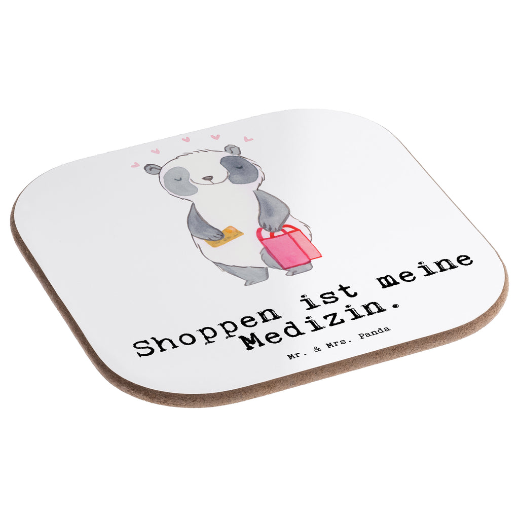 Quadratische Untersetzer Panda Shopping Medizin Bierdeckel, Glasuntersetzer, Untersetzer Gläser, Getränkeuntersetzer, Geschenk, Sport, Sportart, Hobby, Schenken, Danke, Dankeschön, Auszeichnung, Gewinn, Sportler, Shopping, shoppen, einkaufen