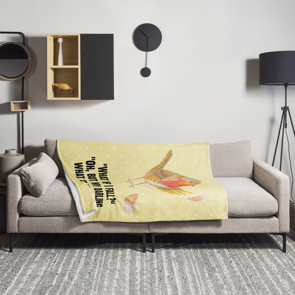 Kuscheldecke Rotkehlchen mit Federn Decke, Wohndecke, Tagesdecke, Wolldecke, Sofadecke, Tiermotive, Gute Laune, lustige Sprüche, Tiere, What if i fall, Rotkehlchen, Spruch Motivation, Spruch Mut, Vogel, Motivation Sprüche, Motivationsbilder, fliegen