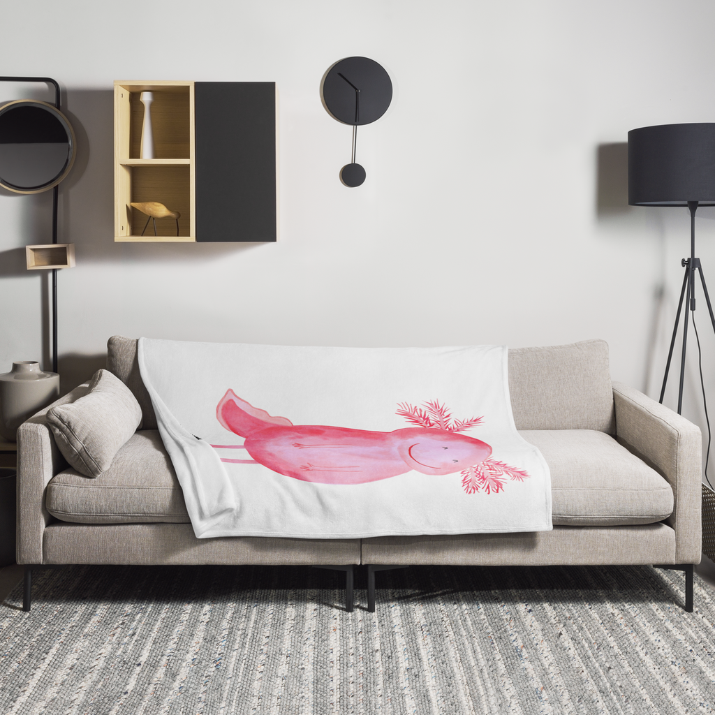 Kuscheldecke Axolotl glücklich Decke, Wohndecke, Tagesdecke, Wolldecke, Sofadecke, Axolotl, Molch, Axolot, Schwanzlurch, Lurch, Lurche, Motivation, gute Laune
