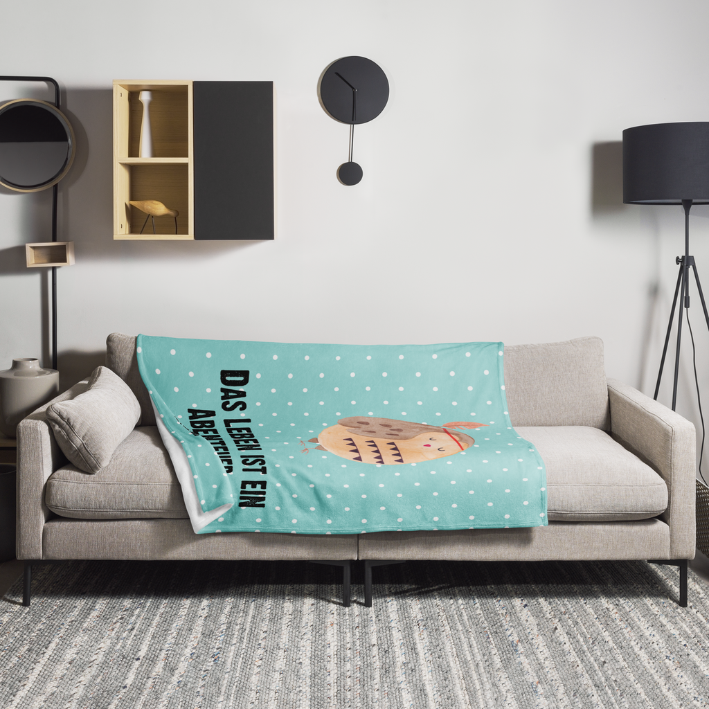 Kuscheldecke Eule Federschmuck Decke, Wohndecke, Tagesdecke, Wolldecke, Sofadecke, Eule, Eule Deko, Owl, Das Leben ist ein Abenteuer, Reisespruch, Federschmuck, Dekoration