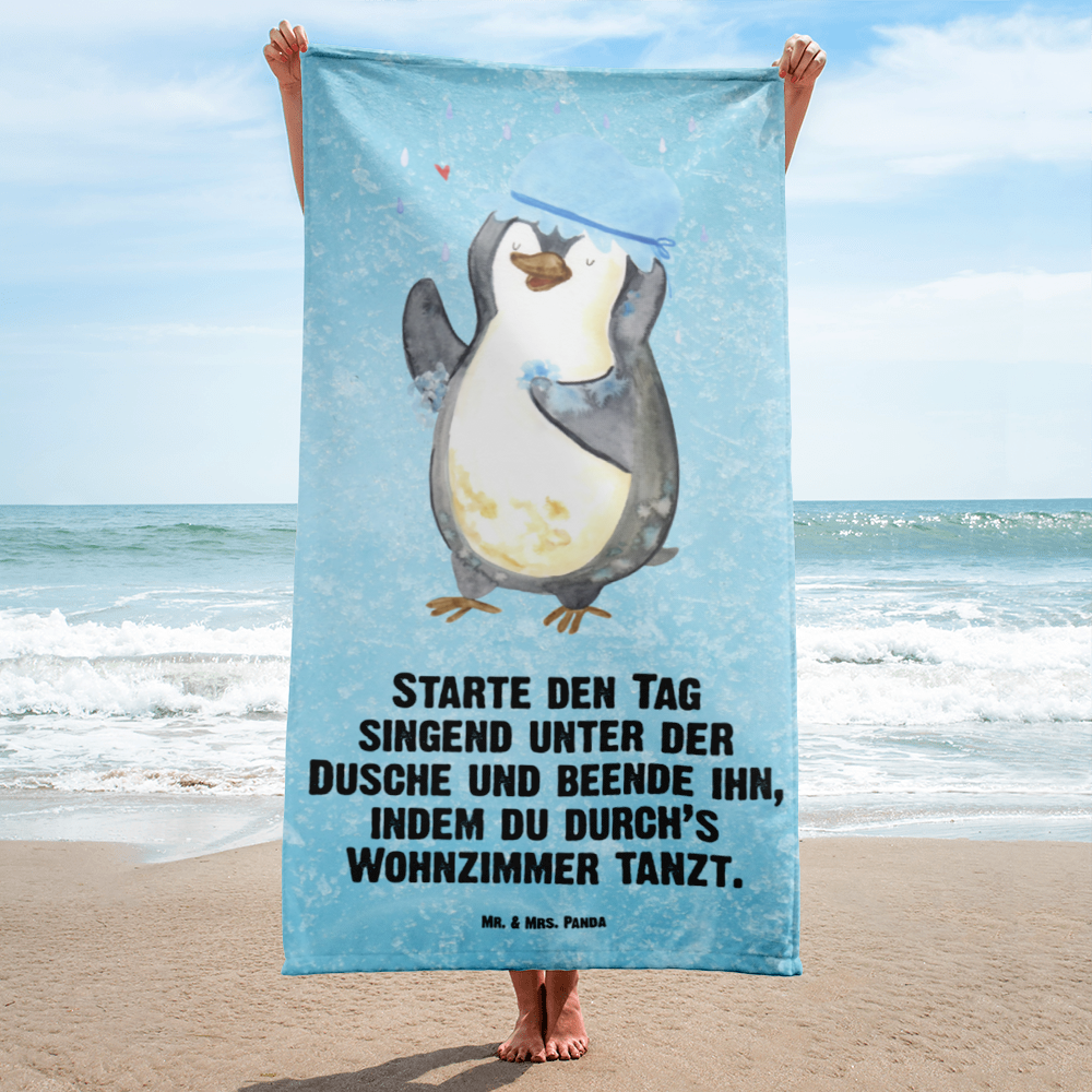XL Badehandtuch Pinguin duscht Handtuch, Badetuch, Duschtuch, Strandtuch, Saunatuch, Pinguin, Pinguine, Dusche, duschen, Lebensmotto, Motivation, Neustart, Neuanfang, glücklich sein