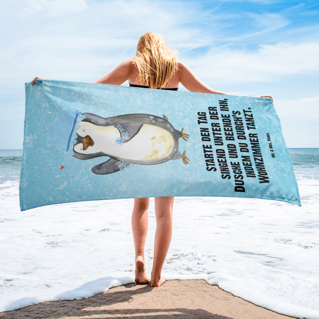 XL Badehandtuch Pinguin duscht Handtuch, Badetuch, Duschtuch, Strandtuch, Saunatuch, Pinguin, Pinguine, Dusche, duschen, Lebensmotto, Motivation, Neustart, Neuanfang, glücklich sein