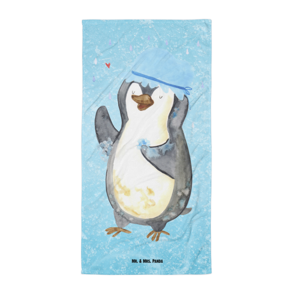 XL Badehandtuch Pinguin duscht Handtuch, Badetuch, Duschtuch, Strandtuch, Saunatuch, Pinguin, Pinguine, Dusche, duschen, Lebensmotto, Motivation, Neustart, Neuanfang, glücklich sein