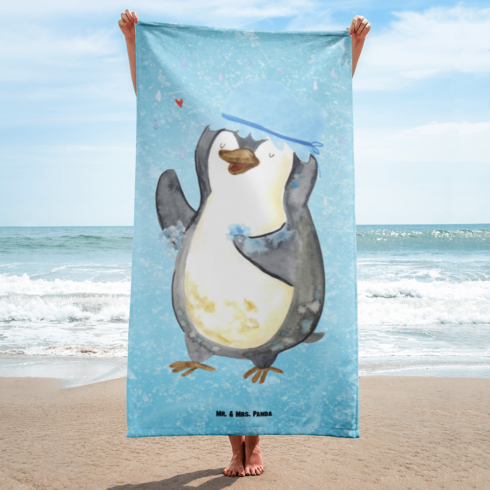 XL Badehandtuch Pinguin duscht Handtuch, Badetuch, Duschtuch, Strandtuch, Saunatuch, Pinguin, Pinguine, Dusche, duschen, Lebensmotto, Motivation, Neustart, Neuanfang, glücklich sein