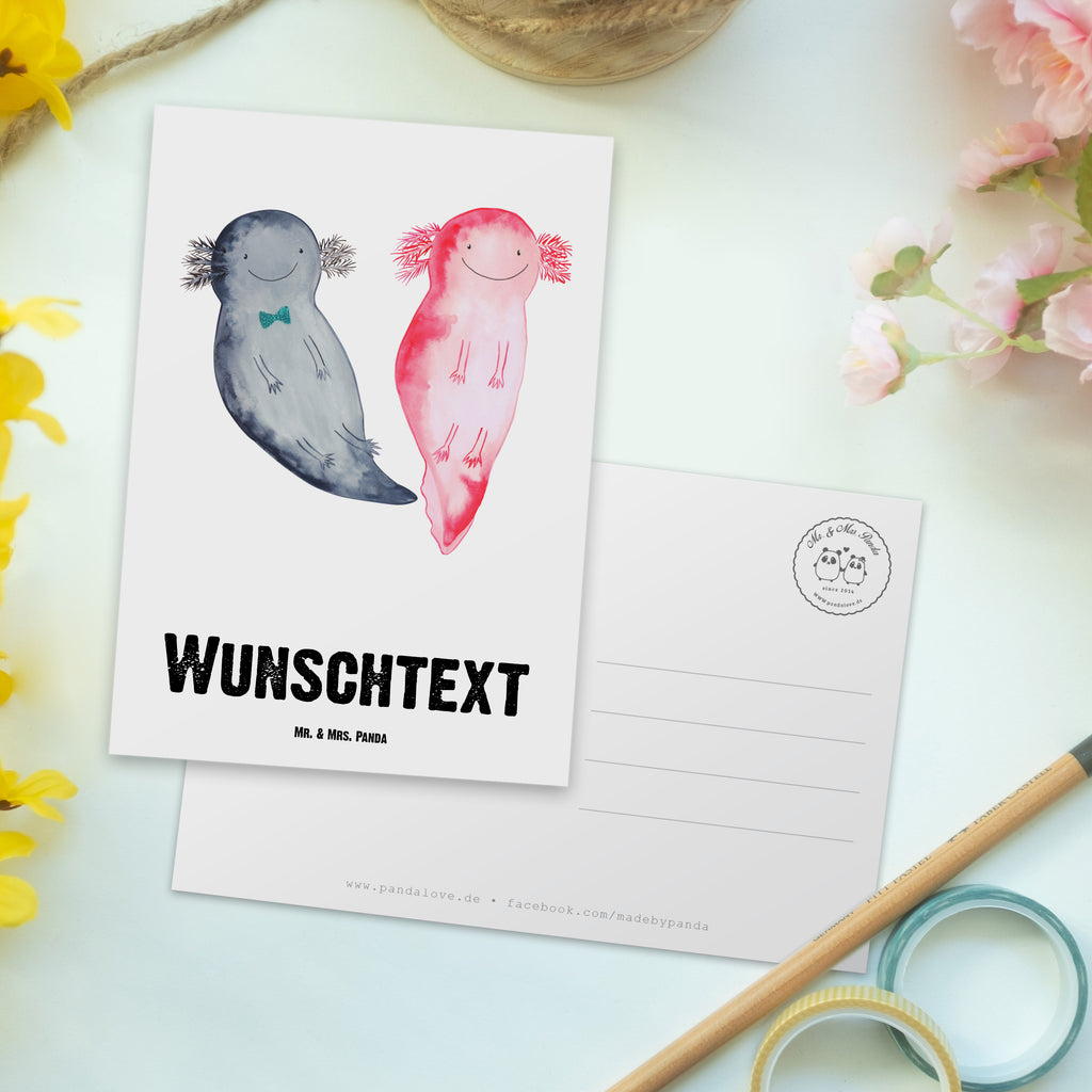 Personalisierte Postkarte Axolotl Axel+Lotte Postkarte mit Namen, Postkarte bedrucken, Postkarte mit Wunschtext, Postkarte personalisierbar, Geschenkkarte mit Namen, Grußkarte mit Namen, Karte mit Namen, Einladung mit Namen, Ansichtskarte mit Namen, Geschenkkarte mit Wunschtext, Grußkarte mit Wunschtext, Karte mit Wunschtext, Einladung mit Wunschtext, Ansichtskarte mit Wunschtext, Axolotl, Molch, Axolot, Schwanzlurch, Lurch, Lurche, Liebe, große Liebe, Liebesbeweis, Freund, Verlobter, Ehemann, Jahrestag, Valentinstag