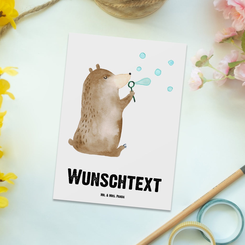 Personalisierte Postkarte Bär Seifenblasen Postkarte mit Namen, Postkarte bedrucken, Postkarte mit Wunschtext, Postkarte personalisierbar, Geschenkkarte mit Namen, Grußkarte mit Namen, Karte mit Namen, Einladung mit Namen, Ansichtskarte mit Namen, Geschenkkarte mit Wunschtext, Grußkarte mit Wunschtext, Karte mit Wunschtext, Einladung mit Wunschtext, Ansichtskarte mit Wunschtext, Bär, Teddy, Teddybär, Seifenblasen Bär Lustig Sein Glücklich Traurig Happy