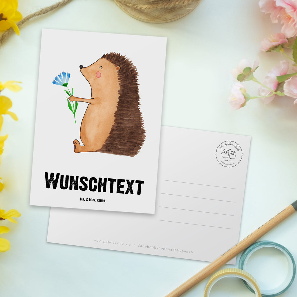 Personalisierte Postkarte Igel mit Blume Postkarte mit Namen, Postkarte bedrucken, Postkarte mit Wunschtext, Postkarte personalisierbar, Geschenkkarte mit Namen, Grußkarte mit Namen, Karte mit Namen, Einladung mit Namen, Ansichtskarte mit Namen, Geschenkkarte mit Wunschtext, Grußkarte mit Wunschtext, Karte mit Wunschtext, Einladung mit Wunschtext, Ansichtskarte mit Wunschtext, süße Tiermotive, gute Laune, lustige Sprüche, Tiere, Igel, Gute Besserung, Genesungswünsche, Krankheit, Krankenhaus, krank, Besuch