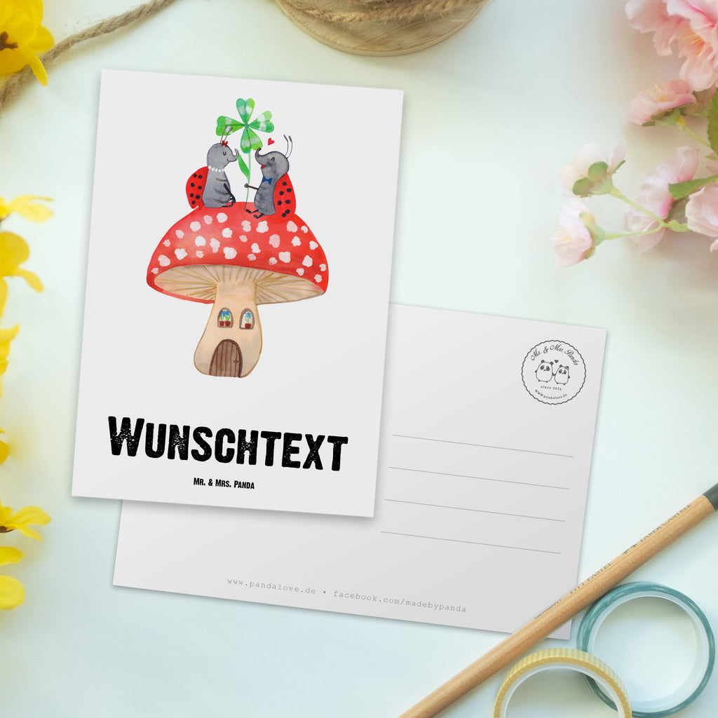 Personalisierte Postkarte Marienkäfer Paar Fliegenpilz Postkarte mit Namen, Postkarte bedrucken, Postkarte mit Wunschtext, Postkarte personalisierbar, Geschenkkarte mit Namen, Grußkarte mit Namen, Karte mit Namen, Einladung mit Namen, Ansichtskarte mit Namen, Geschenkkarte mit Wunschtext, Grußkarte mit Wunschtext, Karte mit Wunschtext, Einladung mit Wunschtext, Ansichtskarte mit Wunschtext, süße Tiermotive, gute Laune, lustige Sprüche, Tiere, Haus, Wohnung, zuhause, Fliegenpilz, Marienkäfer, Fleigenpilzhaus
