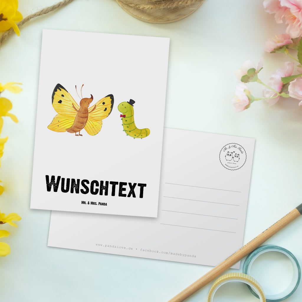 Personalisierte Postkarte Raupe & Schmetterling Postkarte mit Namen, Postkarte bedrucken, Postkarte mit Wunschtext, Postkarte personalisierbar, Geschenkkarte mit Namen, Grußkarte mit Namen, Karte mit Namen, Einladung mit Namen, Ansichtskarte mit Namen, Geschenkkarte mit Wunschtext, Grußkarte mit Wunschtext, Karte mit Wunschtext, Einladung mit Wunschtext, Ansichtskarte mit Wunschtext, süße Tiermotive, gute Laune, lustige Sprüche, Tiere, Raupe, Schmetterling, Zitronenfalter, Entwicklung, Erwachsen werden, Kokon, Hut, Hütchen, Schönheit, Aufwachsen