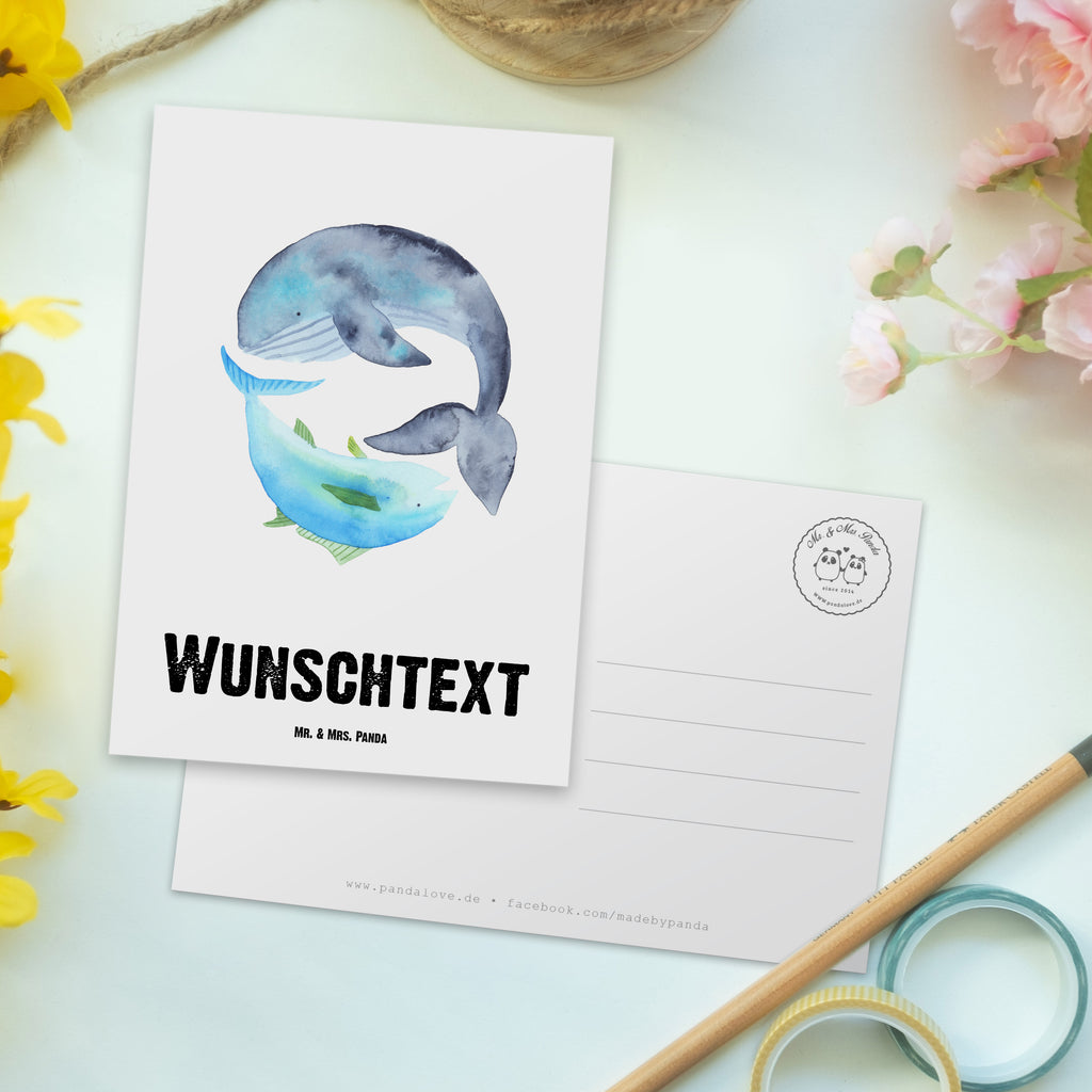 Personalisierte Postkarte Walfisch & Thunfisch Postkarte mit Namen, Postkarte bedrucken, Postkarte mit Wunschtext, Postkarte personalisierbar, Geschenkkarte mit Namen, Grußkarte mit Namen, Karte mit Namen, Einladung mit Namen, Ansichtskarte mit Namen, Geschenkkarte mit Wunschtext, Grußkarte mit Wunschtext, Karte mit Wunschtext, Einladung mit Wunschtext, Ansichtskarte mit Wunschtext, süße Tiermotive, gute Laune, lustige Sprüche, Tiere, Wal, Wahl, Tunfisch, Wortwitz lustig, Spruch lustig, Flachwitz, Witz, Spruch des Tages, Flachwitz Geschenk