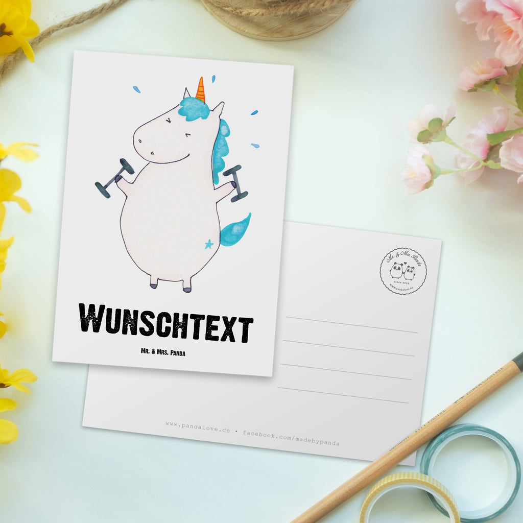 Personalisierte Postkarte Einhorn Fitness Postkarte mit Namen, Postkarte bedrucken, Postkarte mit Wunschtext, Postkarte personalisierbar, Geschenkkarte mit Namen, Grußkarte mit Namen, Karte mit Namen, Einladung mit Namen, Ansichtskarte mit Namen, Geschenkkarte mit Wunschtext, Grußkarte mit Wunschtext, Karte mit Wunschtext, Einladung mit Wunschtext, Ansichtskarte mit Wunschtext, Einhorn, Einhörner, Einhorn Deko, Pegasus, Unicorn, Gym, Fitness, Fitnessstudio, Diät, Abnehmen, Sport, Pumpen, Geräte, Sixpack