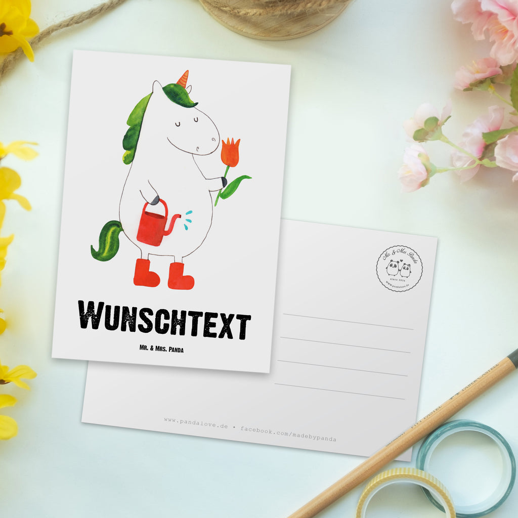 Personalisierte Postkarte Einhorn Gärtner Postkarte mit Namen, Postkarte bedrucken, Postkarte mit Wunschtext, Postkarte personalisierbar, Geschenkkarte mit Namen, Grußkarte mit Namen, Karte mit Namen, Einladung mit Namen, Ansichtskarte mit Namen, Geschenkkarte mit Wunschtext, Grußkarte mit Wunschtext, Karte mit Wunschtext, Einladung mit Wunschtext, Ansichtskarte mit Wunschtext, Einhorn, Einhörner, Einhorn Deko, Pegasus, Unicorn, Luftballon, Gießkanne, Giesskanne, Lebenslust, Freude, Blume, Freundin, Garten, Stiefel