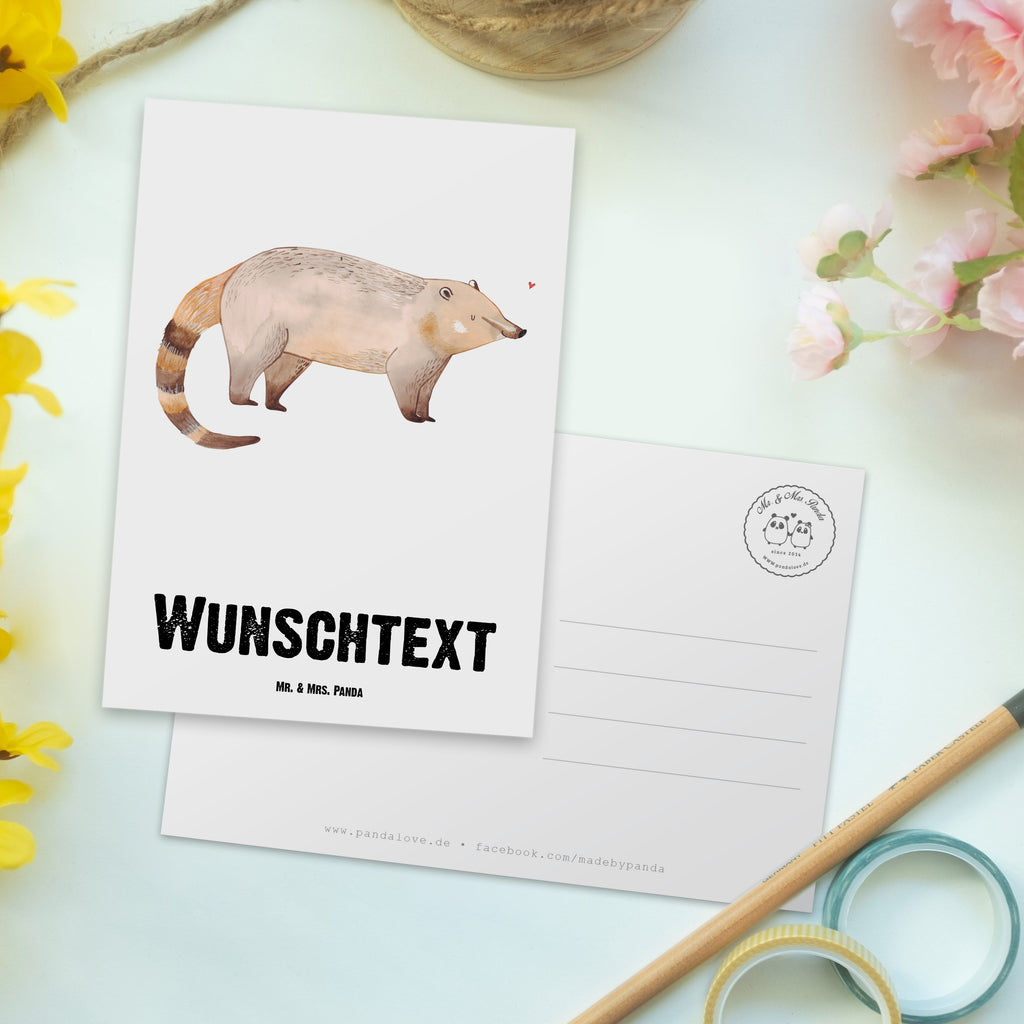Personalisierte Postkarte Nasenbär Postkarte mit Namen, Postkarte bedrucken, Postkarte mit Wunschtext, Postkarte personalisierbar, Geschenkkarte mit Namen, Grußkarte mit Namen, Karte mit Namen, Einladung mit Namen, Ansichtskarte mit Namen, Geschenkkarte mit Wunschtext, Grußkarte mit Wunschtext, Karte mit Wunschtext, Einladung mit Wunschtext, Ansichtskarte mit Wunschtext, süße Tiermotive, gute Laune, lustige Sprüche, Tiere, Nasenbär, Nasenbären, Rüsselbär, Bär