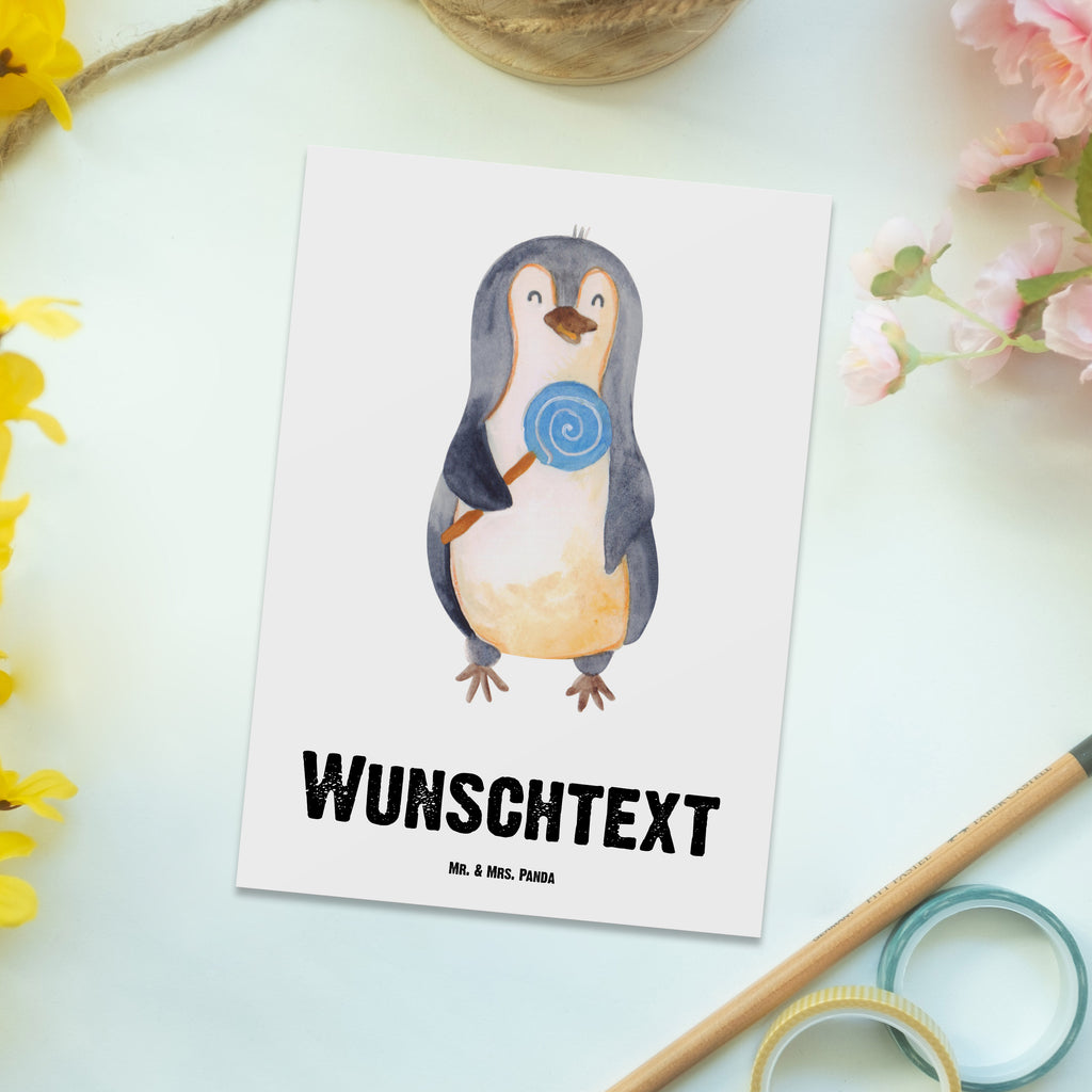 Personalisierte Postkarte Pinguin Lolli Postkarte mit Namen, Postkarte bedrucken, Postkarte mit Wunschtext, Postkarte personalisierbar, Geschenkkarte mit Namen, Grußkarte mit Namen, Karte mit Namen, Einladung mit Namen, Ansichtskarte mit Namen, Geschenkkarte mit Wunschtext, Grußkarte mit Wunschtext, Karte mit Wunschtext, Einladung mit Wunschtext, Ansichtskarte mit Wunschtext, Pinguin, Pinguine, Lolli, Süßigkeiten, Blödsinn, Spruch, Rebell, Gauner, Ganove, Rabauke