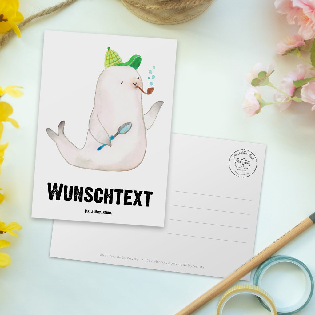 Personalisierte Postkarte Robbe Sherlock Postkarte mit Namen, Postkarte bedrucken, Postkarte mit Wunschtext, Postkarte personalisierbar, Geschenkkarte mit Namen, Grußkarte mit Namen, Karte mit Namen, Einladung mit Namen, Ansichtskarte mit Namen, Geschenkkarte mit Wunschtext, Grußkarte mit Wunschtext, Karte mit Wunschtext, Einladung mit Wunschtext, Ansichtskarte mit Wunschtext, süße Tiermotive, gute Laune, lustige Sprüche, Tiere