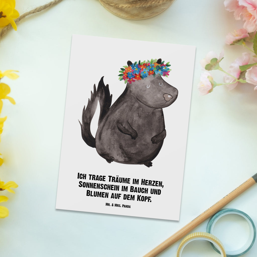 Personalisierte Postkarte Stinktier Blumenmaedchen Postkarte mit Namen, Postkarte bedrucken, Postkarte mit Wunschtext, Postkarte personalisierbar, Geschenkkarte mit Namen, Grußkarte mit Namen, Karte mit Namen, Einladung mit Namen, Ansichtskarte mit Namen, Geschenkkarte mit Wunschtext, Grußkarte mit Wunschtext, Karte mit Wunschtext, Einladung mit Wunschtext, Ansichtskarte mit Wunschtext, Stinktier, Skunk, Wildtier, Raubtier, Stinker, Stinki, Yoga, Namaste, Lebe, Liebe, Lache