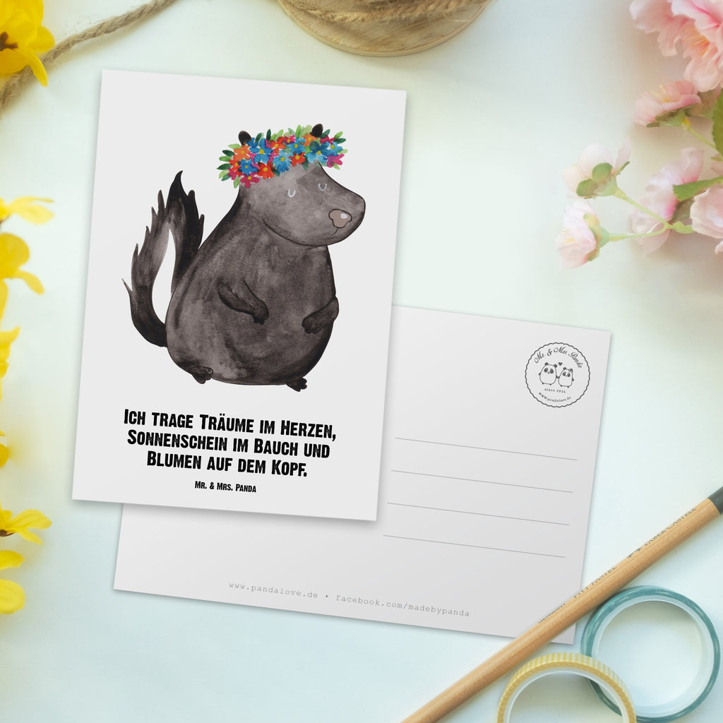 Personalisierte Postkarte Stinktier Blumenmaedchen Postkarte mit Namen, Postkarte bedrucken, Postkarte mit Wunschtext, Postkarte personalisierbar, Geschenkkarte mit Namen, Grußkarte mit Namen, Karte mit Namen, Einladung mit Namen, Ansichtskarte mit Namen, Geschenkkarte mit Wunschtext, Grußkarte mit Wunschtext, Karte mit Wunschtext, Einladung mit Wunschtext, Ansichtskarte mit Wunschtext, Stinktier, Skunk, Wildtier, Raubtier, Stinker, Stinki, Yoga, Namaste, Lebe, Liebe, Lache