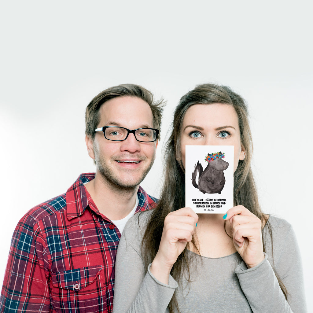 Personalisierte Postkarte Stinktier Blumenmaedchen Postkarte mit Namen, Postkarte bedrucken, Postkarte mit Wunschtext, Postkarte personalisierbar, Geschenkkarte mit Namen, Grußkarte mit Namen, Karte mit Namen, Einladung mit Namen, Ansichtskarte mit Namen, Geschenkkarte mit Wunschtext, Grußkarte mit Wunschtext, Karte mit Wunschtext, Einladung mit Wunschtext, Ansichtskarte mit Wunschtext, Stinktier, Skunk, Wildtier, Raubtier, Stinker, Stinki, Yoga, Namaste, Lebe, Liebe, Lache