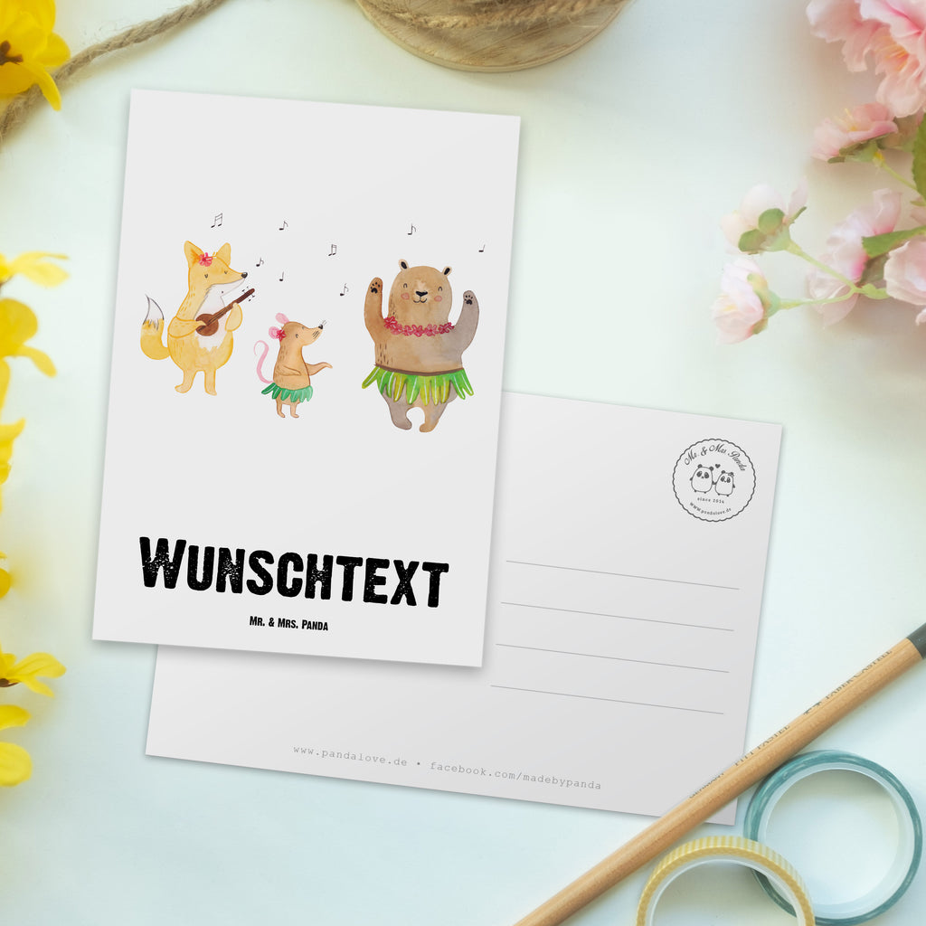Personalisierte Postkarte Waldtiere Aloha Postkarte mit Namen, Postkarte bedrucken, Postkarte mit Wunschtext, Postkarte personalisierbar, Geschenkkarte mit Namen, Grußkarte mit Namen, Karte mit Namen, Einladung mit Namen, Ansichtskarte mit Namen, Geschenkkarte mit Wunschtext, Grußkarte mit Wunschtext, Karte mit Wunschtext, Einladung mit Wunschtext, Ansichtskarte mit Wunschtext, süße Tiermotive, gute Laune, lustige Sprüche, Tiere, Wald, Waldtiere, Musik, Aloha, Bär, Hase, Igel, Tanzen, Leben, Lachen