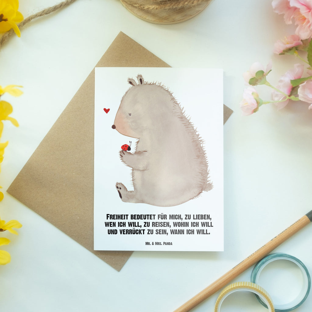Personalisierte Grußkarte Bär mit Marienkäfer Personalisierte Grußkarte, Personalisiertere Klappkarte, Personalisierte Einladungskarte, Personalisierte Glückwunschkarte, Personalisierte Hochzeitskarte, Personalisierte Geburtstagskarte, Grußkarte mit Namen, Grußkarte selber drucken, Grußkarte selbst gestalten, Grußkarte mit persönlichen Nachrichten, Grußkarte als Geldgeschenk, Grußkarten personalisiert, Bär, Teddy, Teddybär, Marienkäfer, Liebe, Freiheit, Motivation, Das Leben ist schön