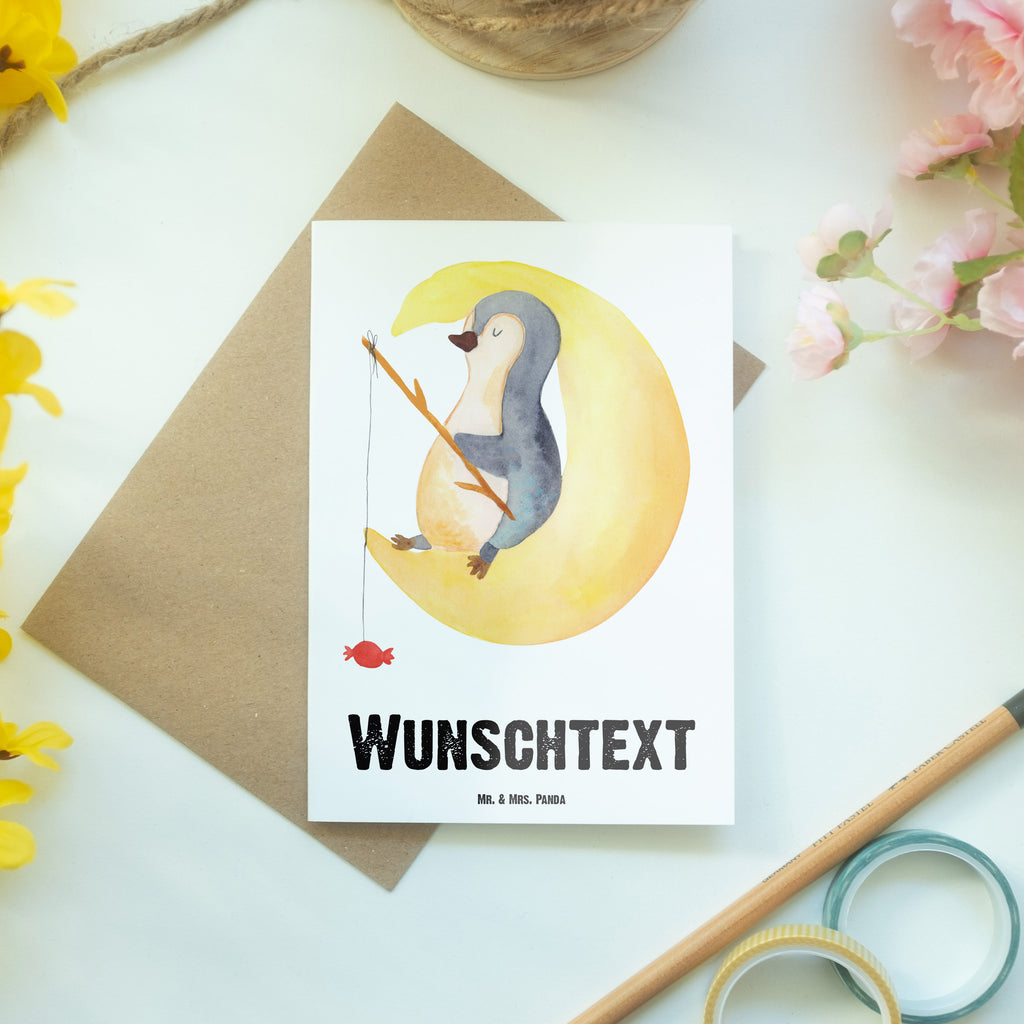 Personalisierte Grußkarte Pinguin Mond Personalisierte Grußkarte, Personalisiertere Klappkarte, Personalisierte Einladungskarte, Personalisierte Glückwunschkarte, Personalisierte Hochzeitskarte, Personalisierte Geburtstagskarte, Grußkarte mit Namen, Grußkarte selber drucken, Grußkarte selbst gestalten, Grußkarte mit persönlichen Nachrichten, Grußkarte als Geldgeschenk, Grußkarten personalisiert, Pinguin, Pinguine, Spruch, schlafen, Nachtruhe, Einschlafen, Schlafzimmer, Schlafstörungen, Gästezimmer