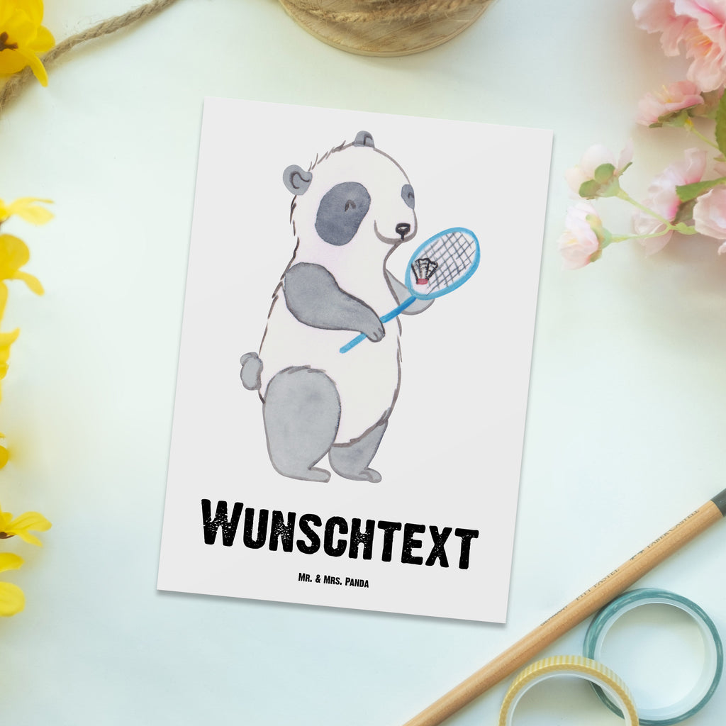 Personalisierte Postkarte Panda Badminton  Medizin Postkarte mit Namen, Postkarte bedrucken, Postkarte mit Wunschtext, Postkarte personalisierbar, Geschenkkarte mit Namen, Grußkarte mit Namen, Karte mit Namen, Einladung mit Namen, Ansichtskarte mit Namen, Geschenkkarte mit Wunschtext, Grußkarte mit Wunschtext, Karte mit Wunschtext, Einladung mit Wunschtext, Ansichtskarte mit Wunschtext, Geschenk, Sport, Sportart, Hobby, Schenken, Danke, Dankeschön, Auszeichnung, Gewinn, Sportler, Badminton, Badminton spielen
