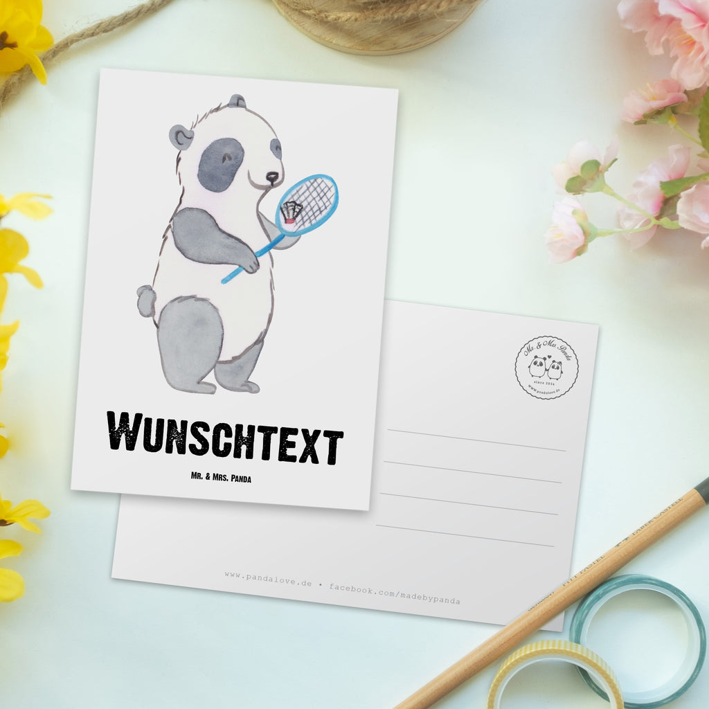 Personalisierte Postkarte Panda Badminton  Medizin Postkarte mit Namen, Postkarte bedrucken, Postkarte mit Wunschtext, Postkarte personalisierbar, Geschenkkarte mit Namen, Grußkarte mit Namen, Karte mit Namen, Einladung mit Namen, Ansichtskarte mit Namen, Geschenkkarte mit Wunschtext, Grußkarte mit Wunschtext, Karte mit Wunschtext, Einladung mit Wunschtext, Ansichtskarte mit Wunschtext, Geschenk, Sport, Sportart, Hobby, Schenken, Danke, Dankeschön, Auszeichnung, Gewinn, Sportler, Badminton, Badminton spielen
