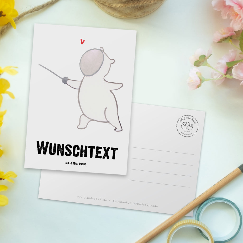 Personalisierte Postkarte Panda Fechten Tage Postkarte mit Namen, Postkarte bedrucken, Postkarte mit Wunschtext, Postkarte personalisierbar, Geschenkkarte mit Namen, Grußkarte mit Namen, Karte mit Namen, Einladung mit Namen, Ansichtskarte mit Namen, Geschenkkarte mit Wunschtext, Grußkarte mit Wunschtext, Karte mit Wunschtext, Einladung mit Wunschtext, Ansichtskarte mit Wunschtext, Geschenk, Sport, Sportart, Hobby, Schenken, Danke, Dankeschön, Auszeichnung, Gewinn, Sportler, Fechten, Fechter Bund, Fecht Verein, Fecht Club