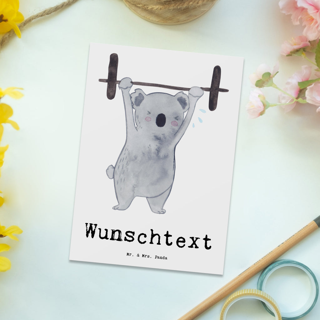 Personalisierte Postkarte Koala Crossfit Medizin Postkarte mit Namen, Postkarte bedrucken, Postkarte mit Wunschtext, Postkarte personalisierbar, Geschenkkarte mit Namen, Grußkarte mit Namen, Karte mit Namen, Einladung mit Namen, Ansichtskarte mit Namen, Geschenkkarte mit Wunschtext, Grußkarte mit Wunschtext, Karte mit Wunschtext, Einladung mit Wunschtext, Ansichtskarte mit Wunschtext, Geschenk, Sport, Sportart, Hobby, Schenken, Danke, Dankeschön, Auszeichnung, Gewinn, Sportler, Crossfit, Wettkampfsport, Sportschule