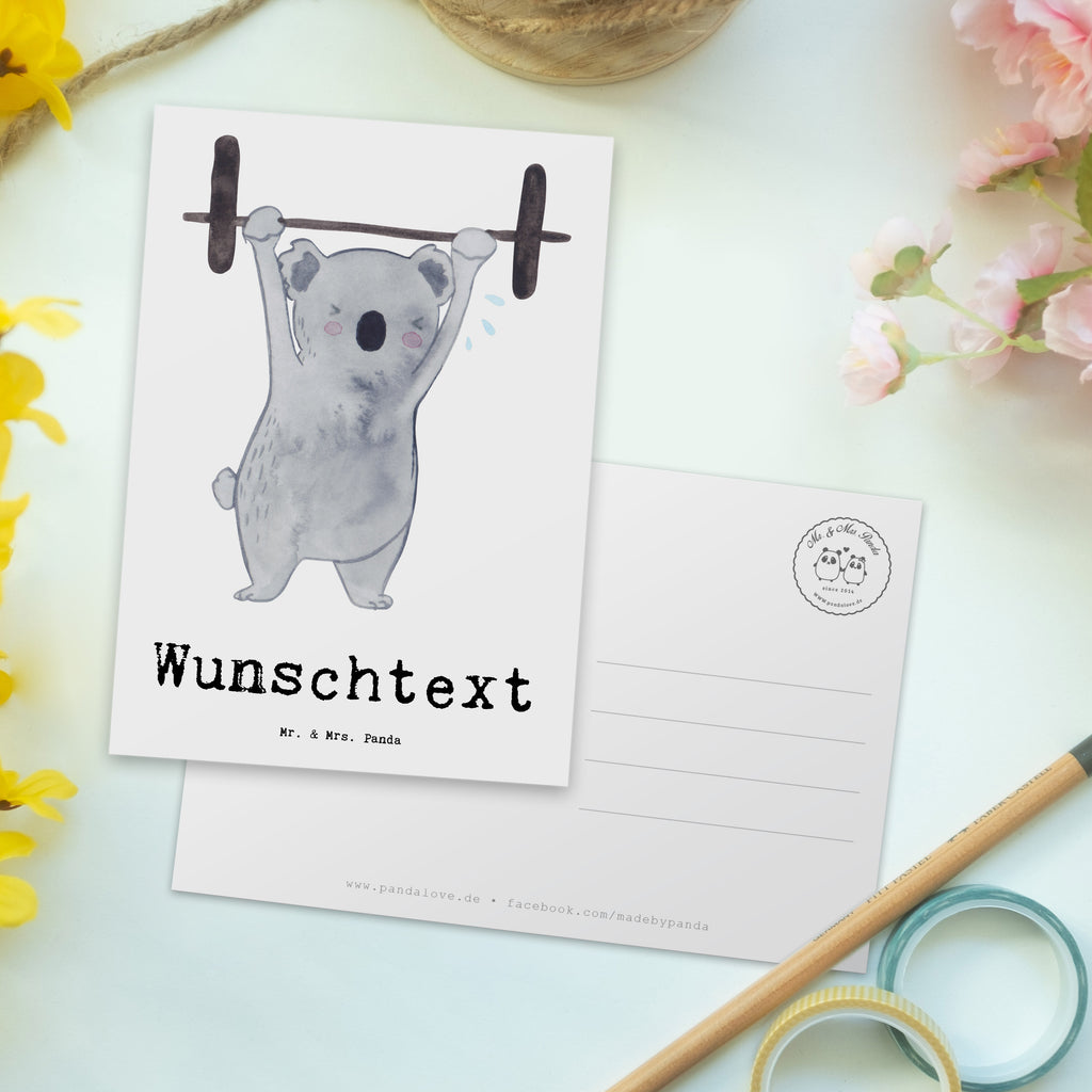 Personalisierte Postkarte Koala Crossfit Medizin Postkarte mit Namen, Postkarte bedrucken, Postkarte mit Wunschtext, Postkarte personalisierbar, Geschenkkarte mit Namen, Grußkarte mit Namen, Karte mit Namen, Einladung mit Namen, Ansichtskarte mit Namen, Geschenkkarte mit Wunschtext, Grußkarte mit Wunschtext, Karte mit Wunschtext, Einladung mit Wunschtext, Ansichtskarte mit Wunschtext, Geschenk, Sport, Sportart, Hobby, Schenken, Danke, Dankeschön, Auszeichnung, Gewinn, Sportler, Crossfit, Wettkampfsport, Sportschule