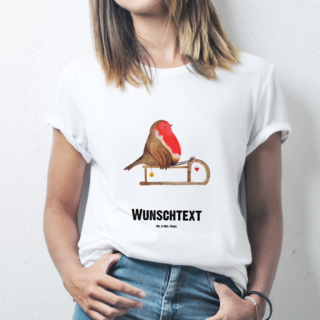 Größe M Personalisiertes T-Shirt Rotkehlchen Schlitten T-Shirt Personalisiert, T-Shirt mit Namen, T-Shirt mit Aufruck, Männer, Frauen, Winter, Weihnachten, Weihnachtsdeko, Nikolaus, Advent, Heiligabend, Wintermotiv, Schlitten, Vogel