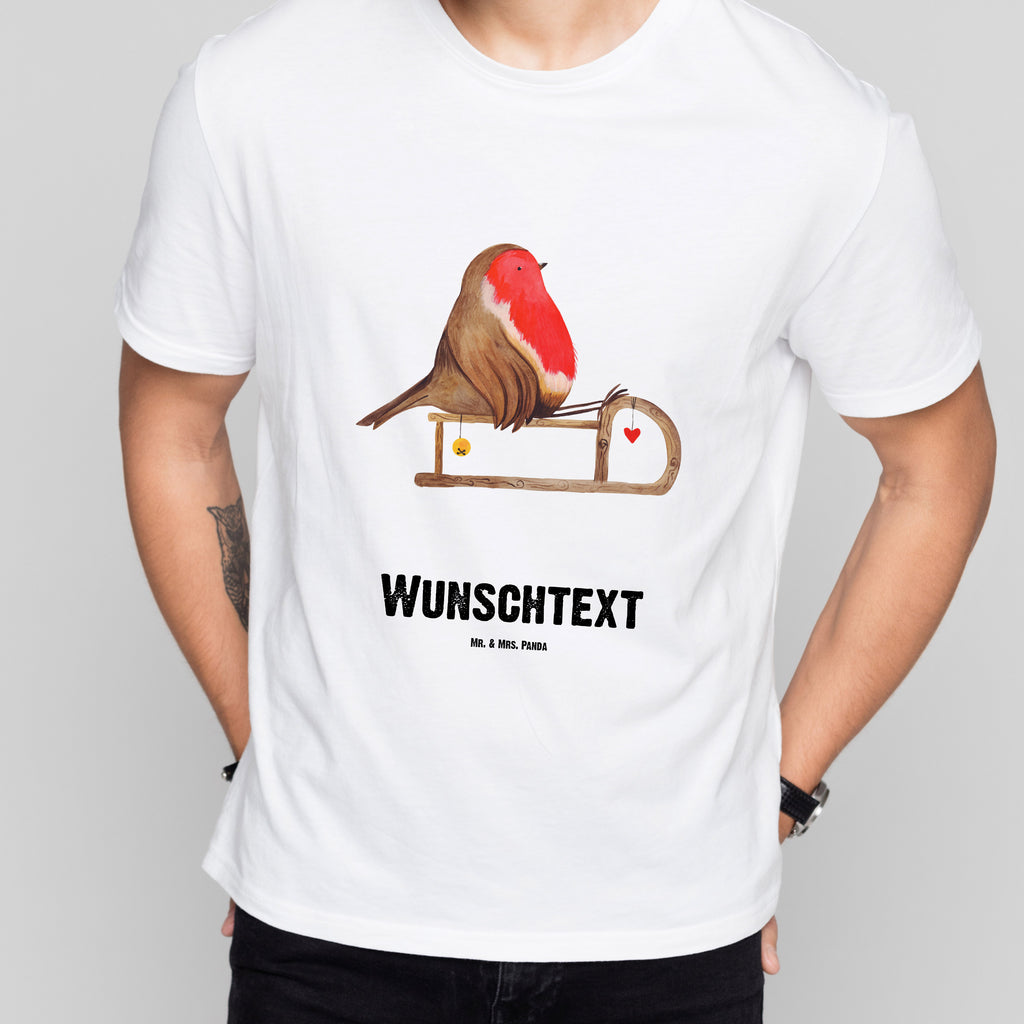 Größe M Personalisiertes T-Shirt Rotkehlchen Schlitten T-Shirt Personalisiert, T-Shirt mit Namen, T-Shirt mit Aufruck, Männer, Frauen, Winter, Weihnachten, Weihnachtsdeko, Nikolaus, Advent, Heiligabend, Wintermotiv, Schlitten, Vogel