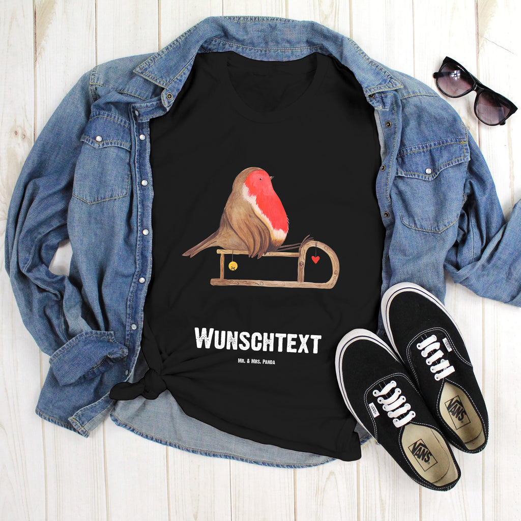 Größe M Personalisiertes T-Shirt Rotkehlchen Schlitten T-Shirt Personalisiert, T-Shirt mit Namen, T-Shirt mit Aufruck, Männer, Frauen, Winter, Weihnachten, Weihnachtsdeko, Nikolaus, Advent, Heiligabend, Wintermotiv, Schlitten, Vogel