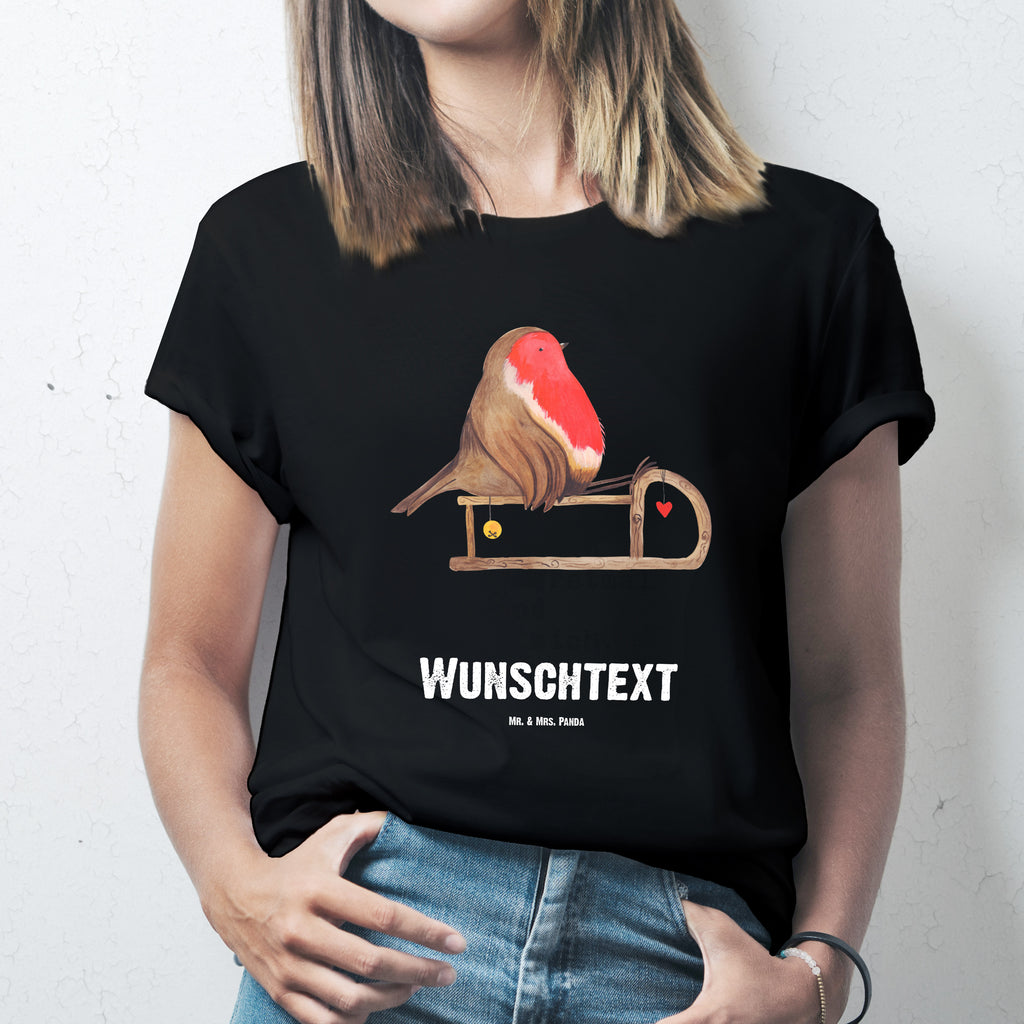 Größe M Personalisiertes T-Shirt Rotkehlchen Schlitten T-Shirt Personalisiert, T-Shirt mit Namen, T-Shirt mit Aufruck, Männer, Frauen, Winter, Weihnachten, Weihnachtsdeko, Nikolaus, Advent, Heiligabend, Wintermotiv, Schlitten, Vogel