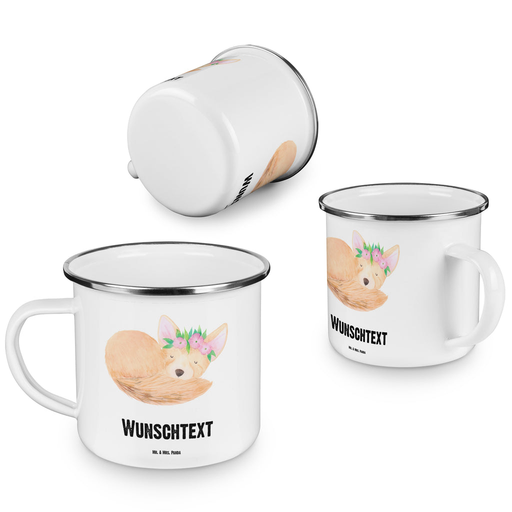 Personalisierte Emaille Tasse Wüstenfuchs Blumenkranz Emaille Tasse personalisiert, Emaille Tasse mit Namen, Campingtasse personalisiert, Namenstasse, Campingtasse bedrucken, Campinggeschirr personalsisert, Afrika, Wildtiere, Wüste, Wüstenfuchs, Blumen, Blumenkranz, Glücklich