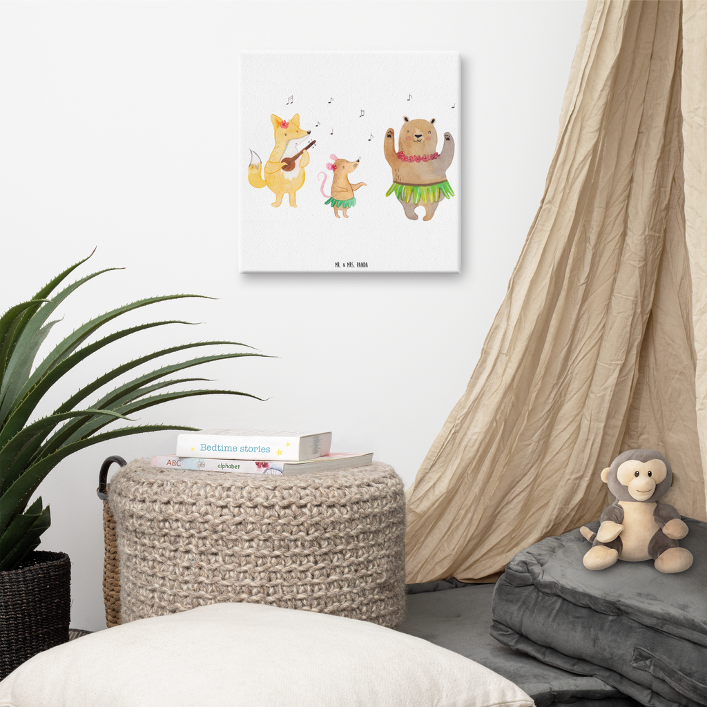 Leinwand Bild Waldtiere Aloha Leinwand, Bild, Kunstdruck, Wanddeko, Dekoration, Tiermotive, Gute Laune, lustige Sprüche, Tiere, Wald, Waldtiere, Musik, Aloha, Bär, Hase, Igel, Tanzen, Leben, Lachen